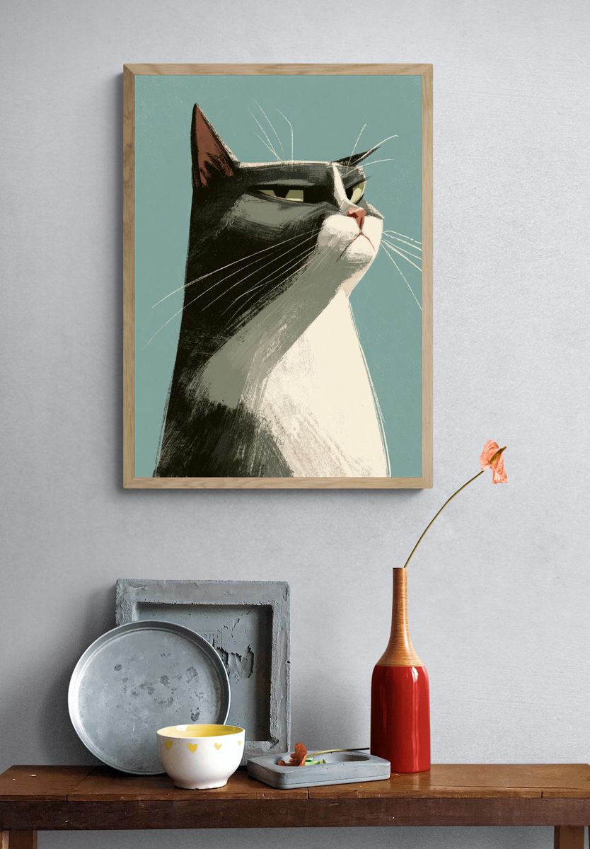 Tuxedo Cat Portrait Illustration Poster. — room view 3