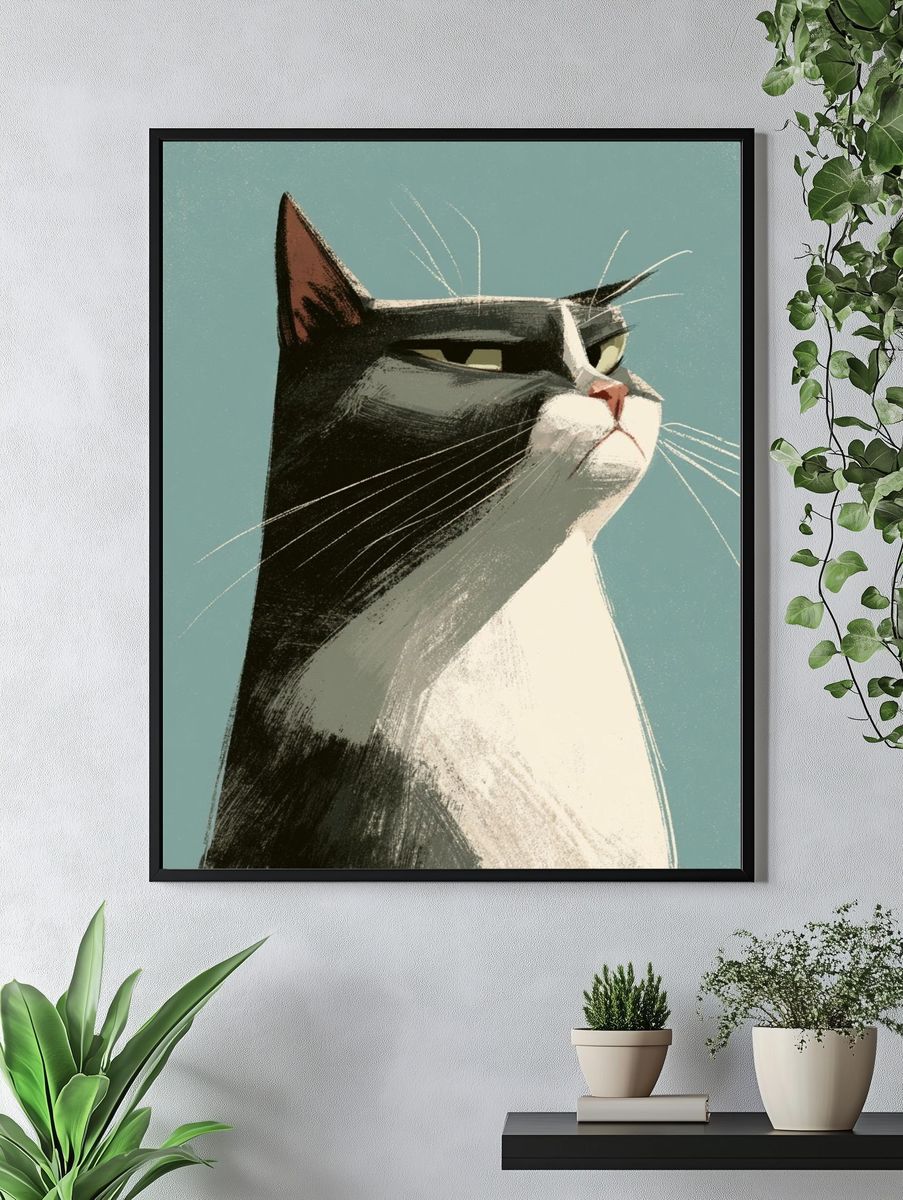 Tuxedo Cat Portrait Illustration Poster. — room view 4