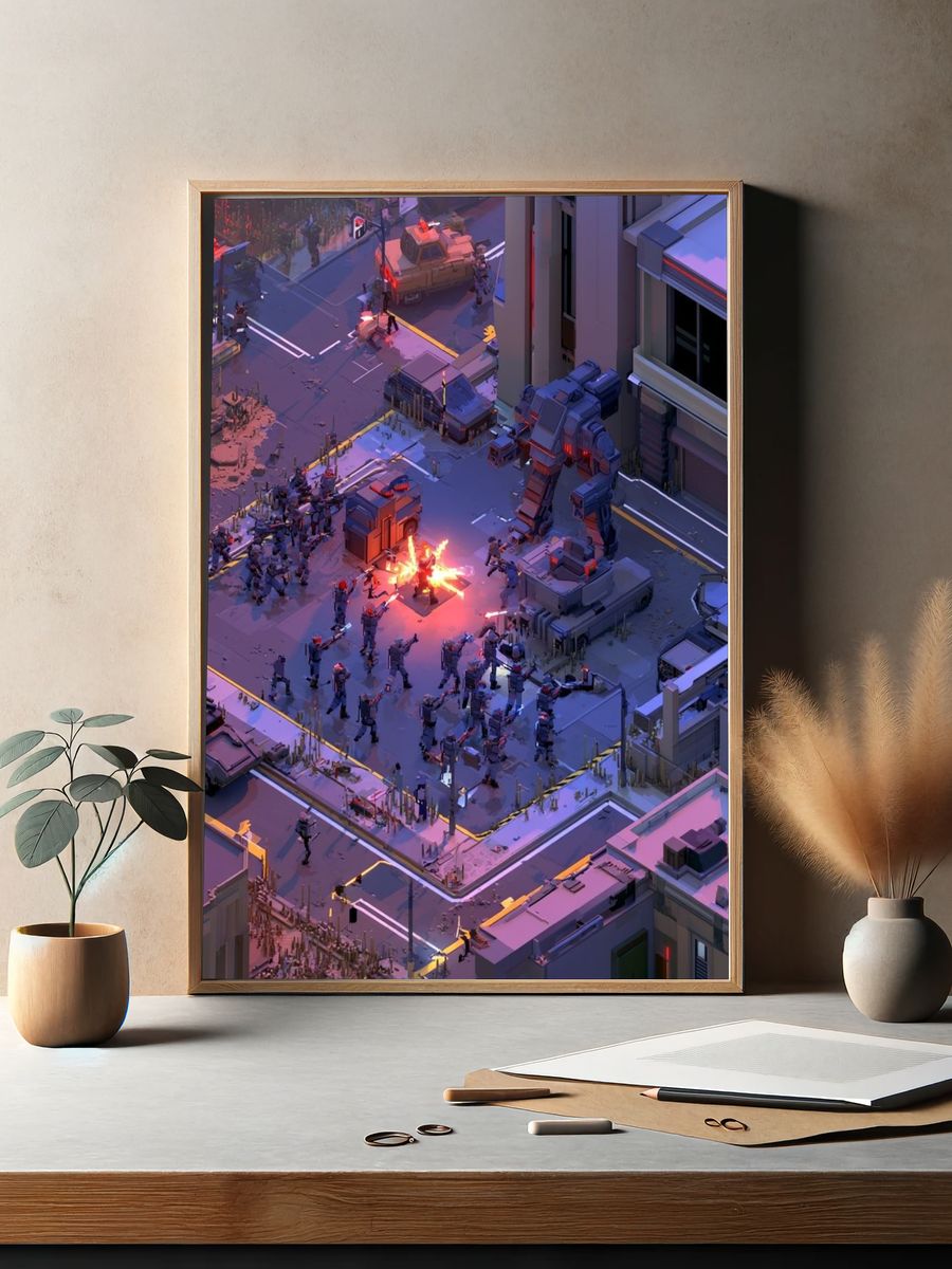 Cyberpunk Battle Cityscape Poster. — room view 2