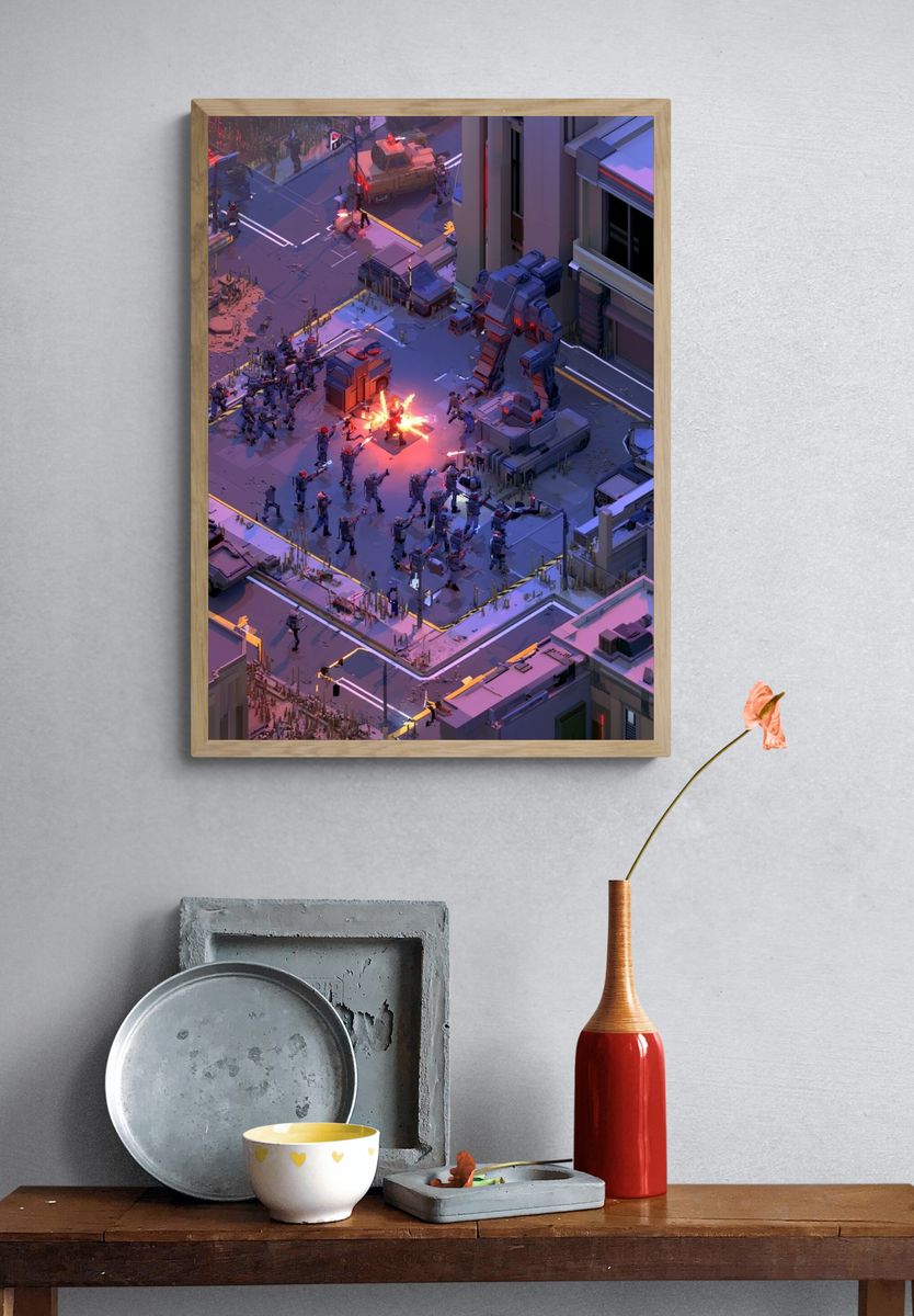 Cyberpunk Battle Cityscape Poster. — room view 3