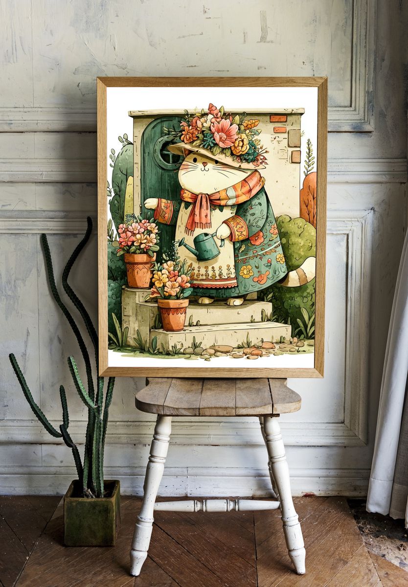 Garden Cat Illustration Poster. — room view 1