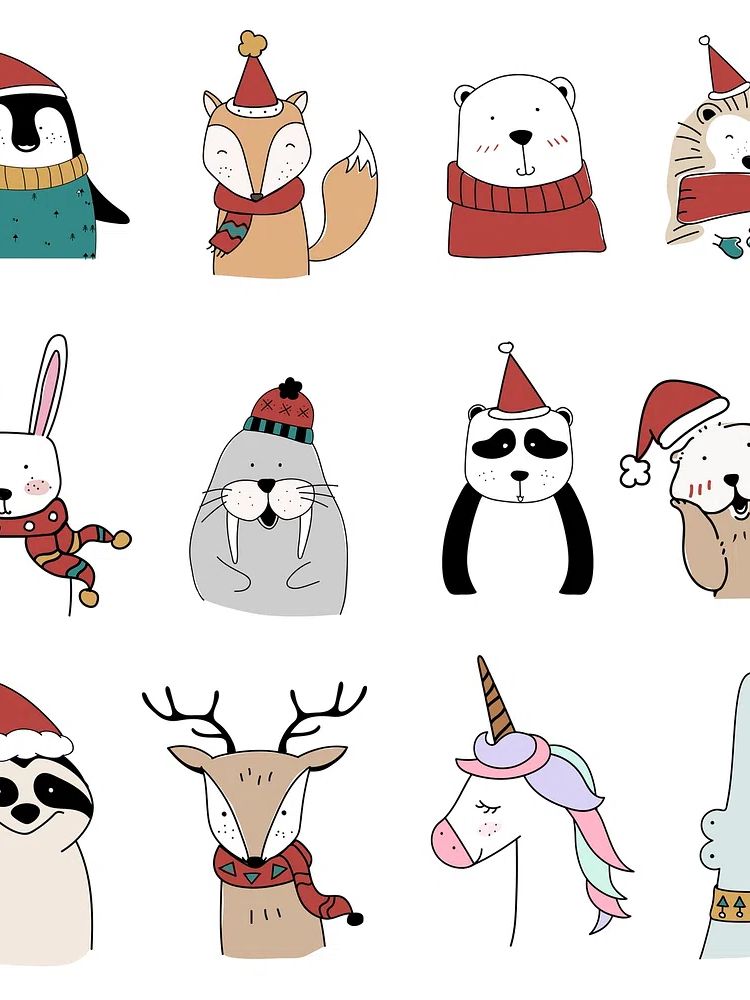 Hand drawn animals enjoying Christmas. poster — illustration art