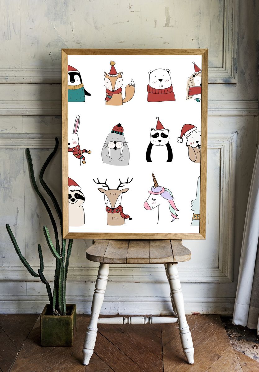 Hand drawn animals enjoying Christmas. room preview