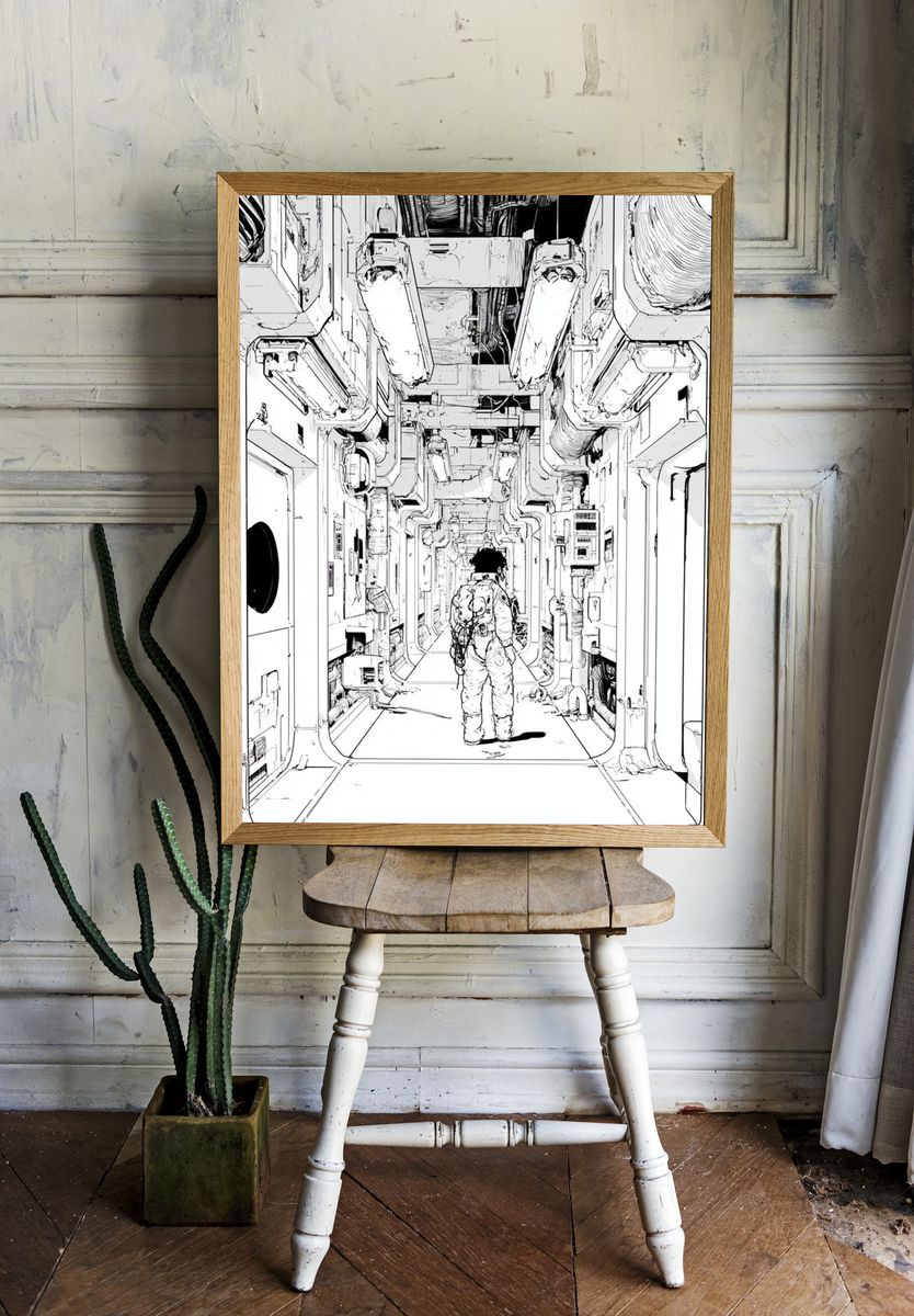 Astronaut Corridor Illustration Print. — room view 1