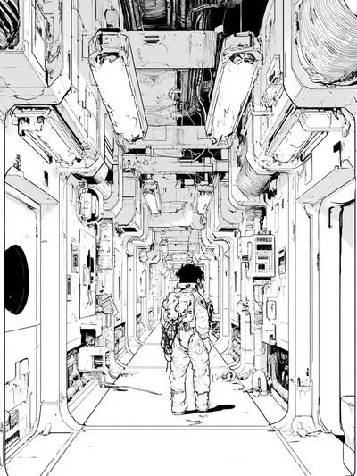 Astronaut Corridor Illustration Print.
