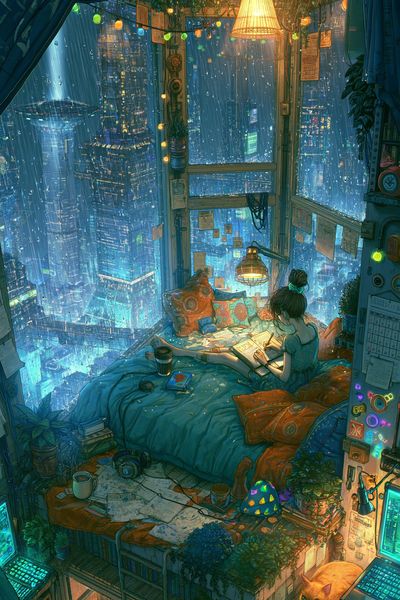 Rainy Cyberpunk Bedroom Print. poster print