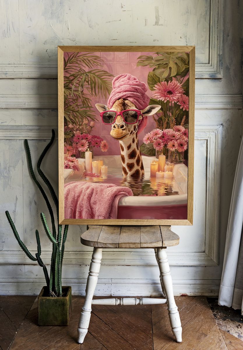 Pink Giraffe Bath Illustration Poster. — room view 1
