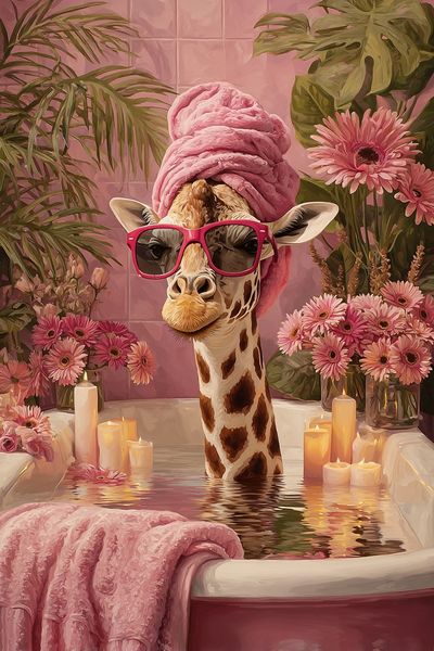 Pink Giraffe Bath Illustration Poster. poster print