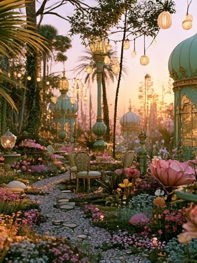 Enchanted Garden Sunset Illustration Poster. poster detail