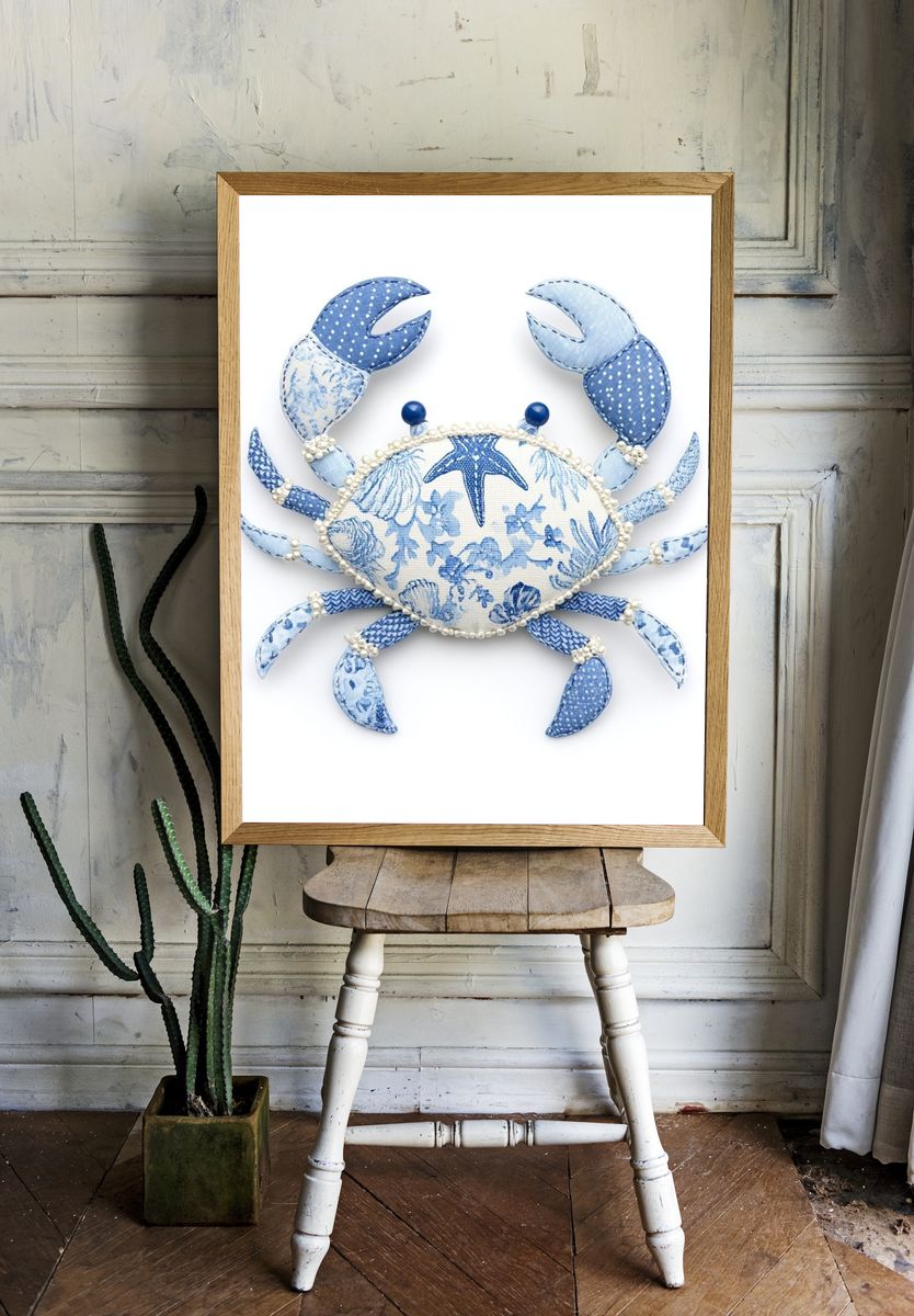 Blue Crab Coastal Illustration Poster. — room view 1
