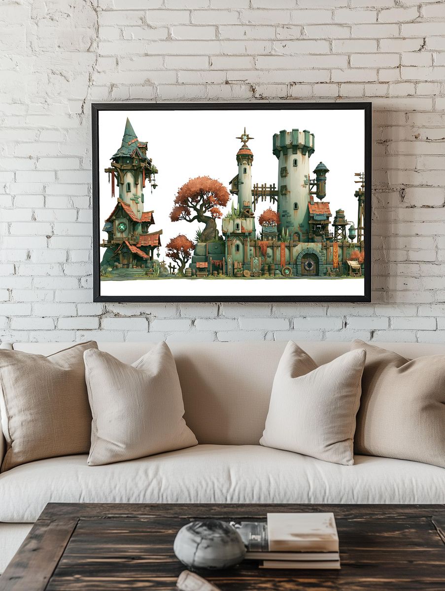 Fantasy Tower Village Illustration Poster. room preview