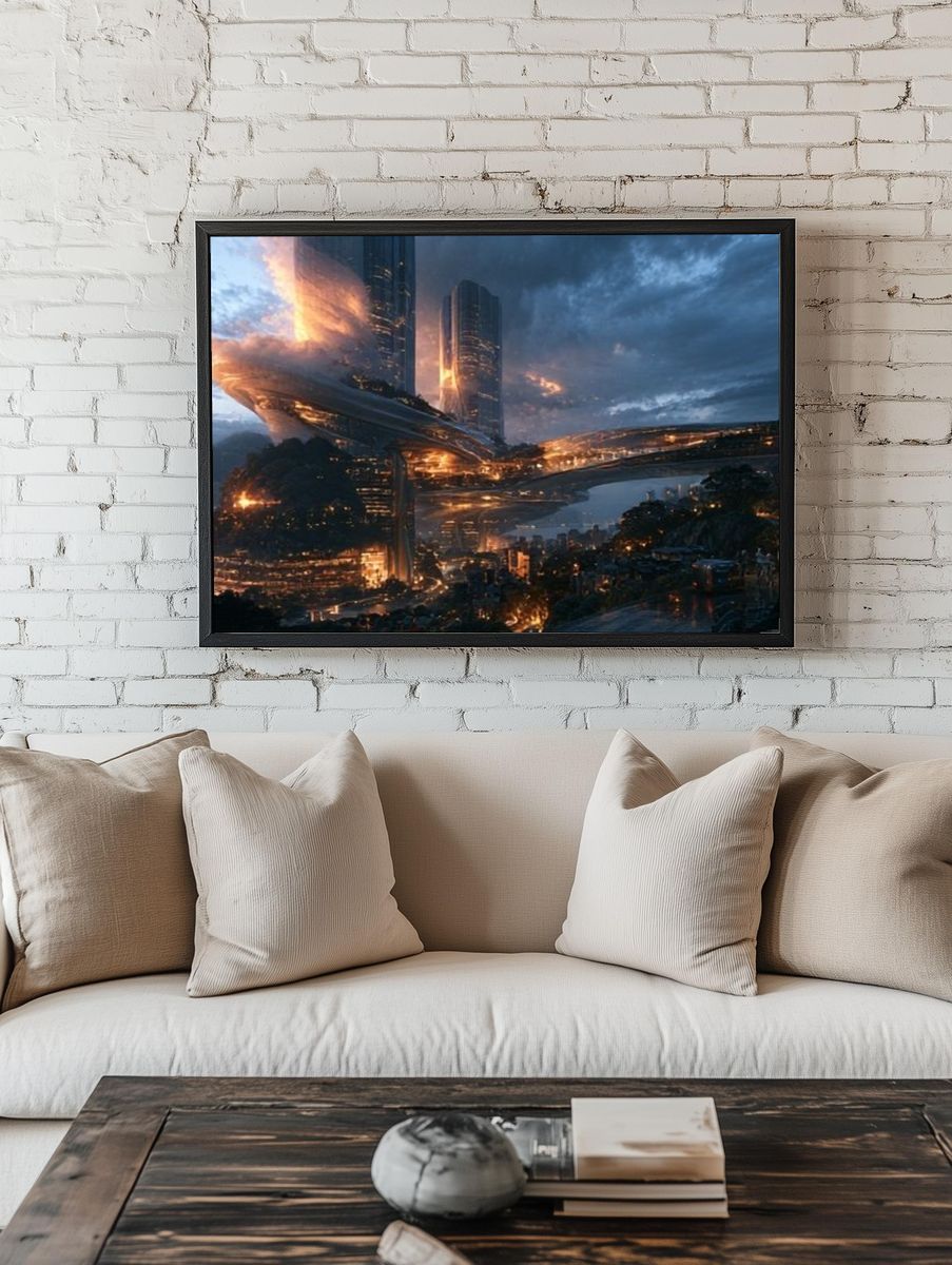 Futuristic Cityscape Digital Art Poster. — room view 1