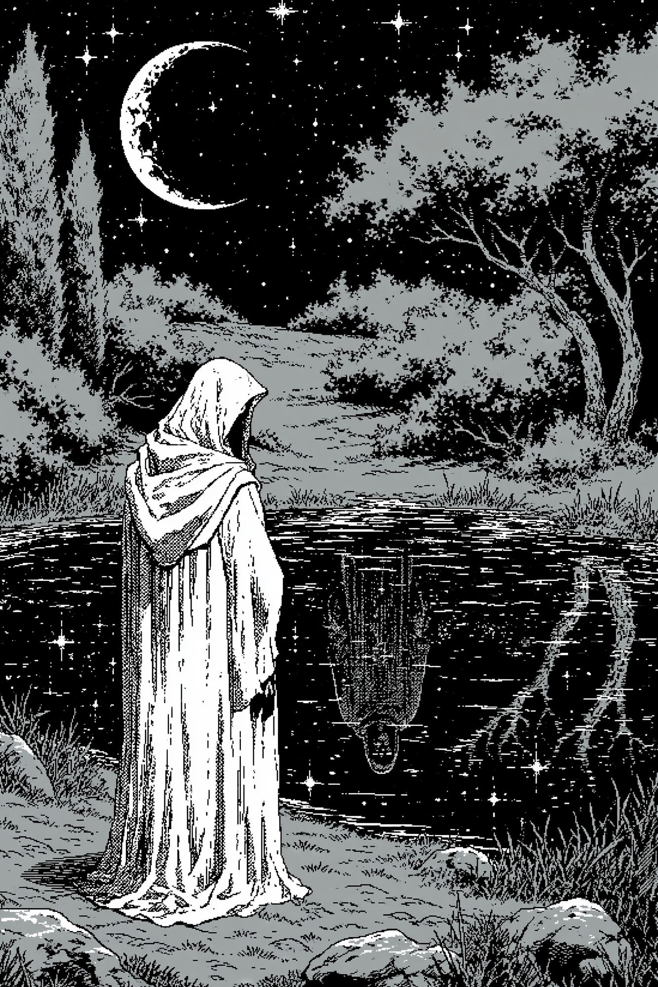 Moonlit Hooded Figure Illustration Poster. poster — illustration art