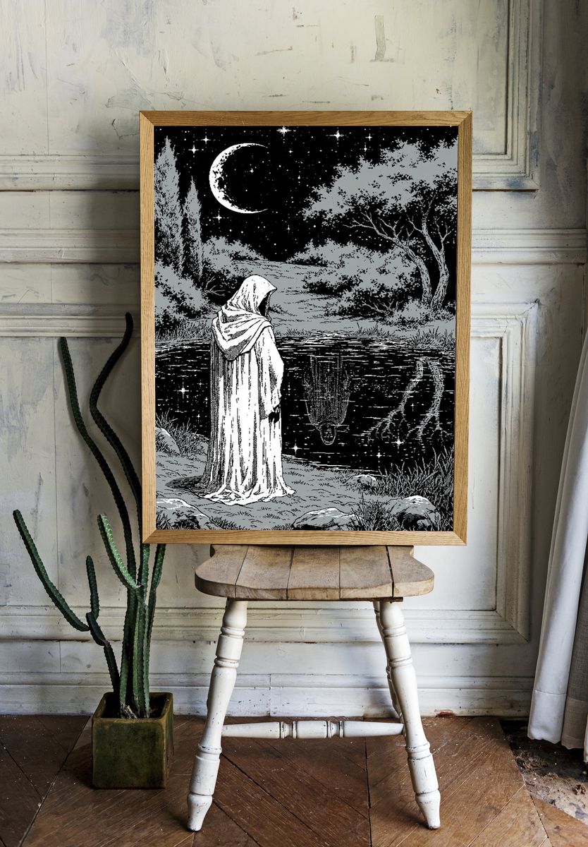 Moonlit Hooded Figure Illustration Poster. — room view 1