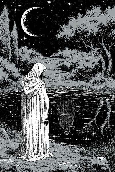 Moonlit Hooded Figure Illustration Poster. poster