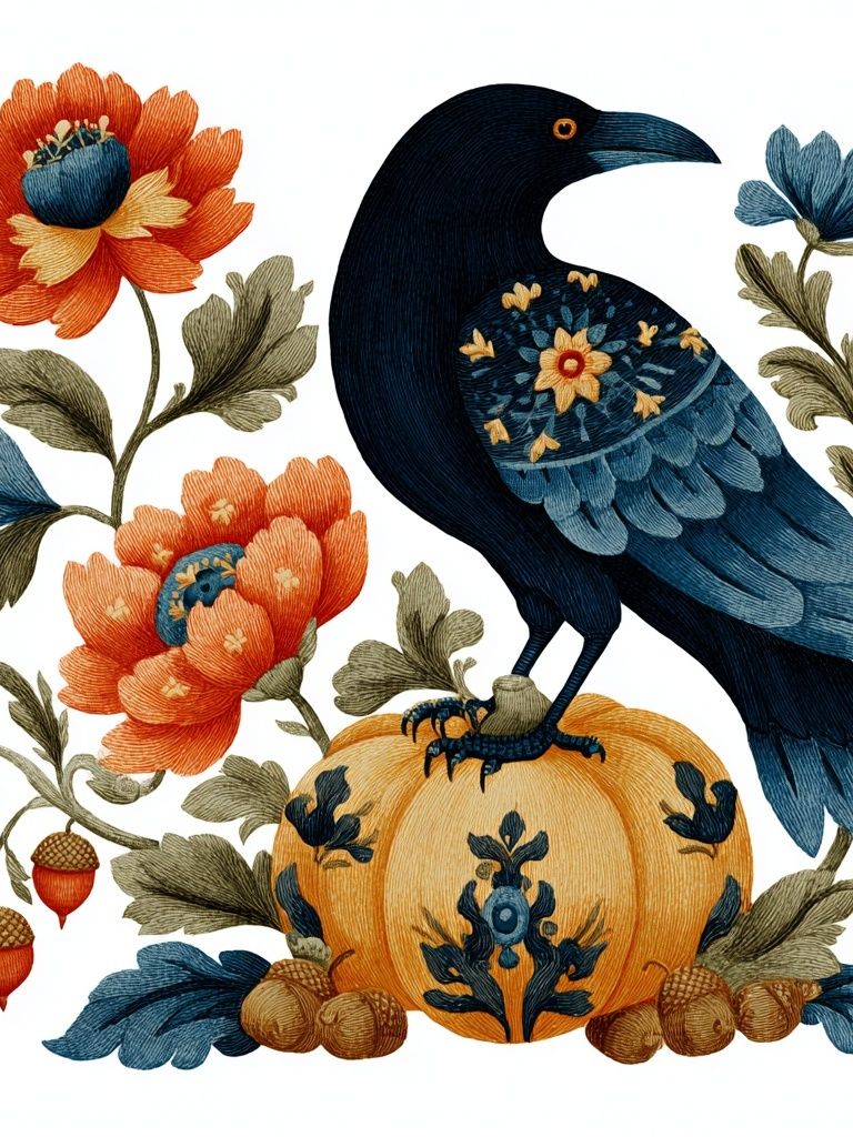 Blue Crow Floral Folk Print. poster detail