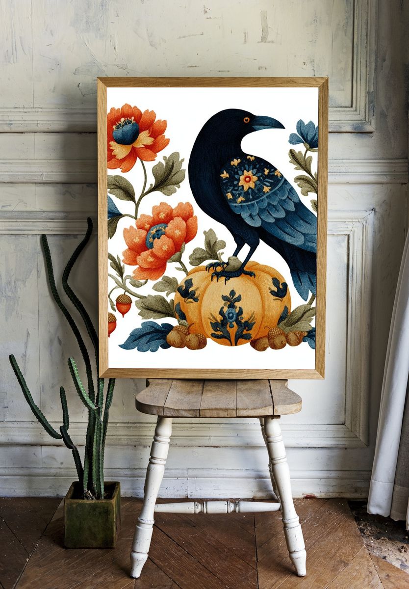 Blue Crow Floral Folk Print. room preview