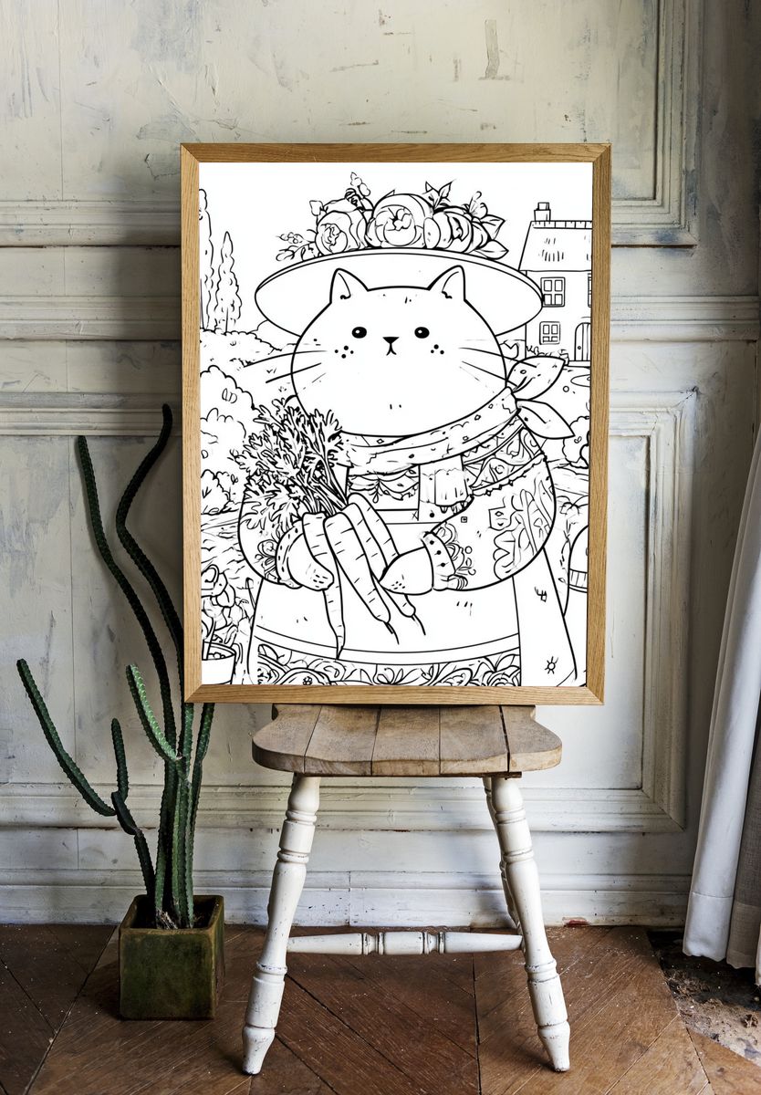 Garden Cat Line-Art Poster. room preview