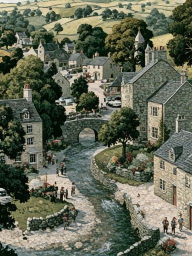 Cotswold Village Landscape Print. poster detail