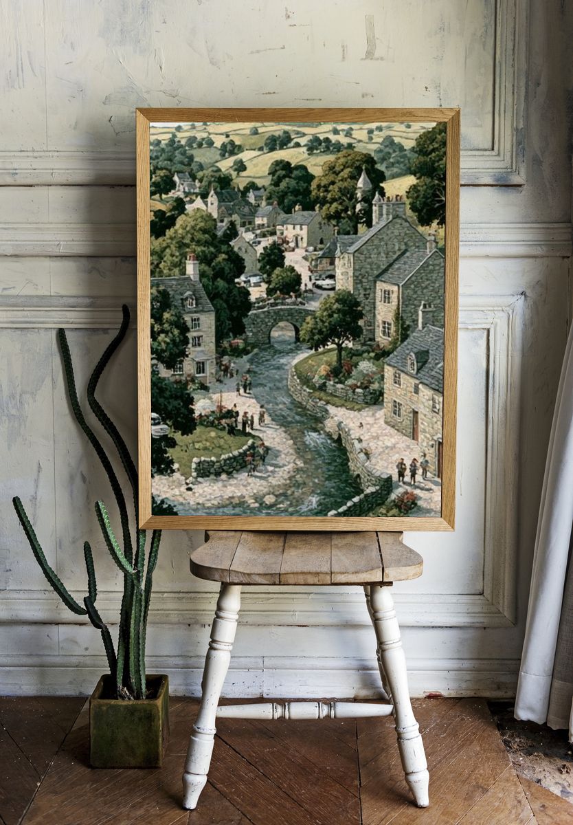 Cotswold Village Landscape Print. room preview