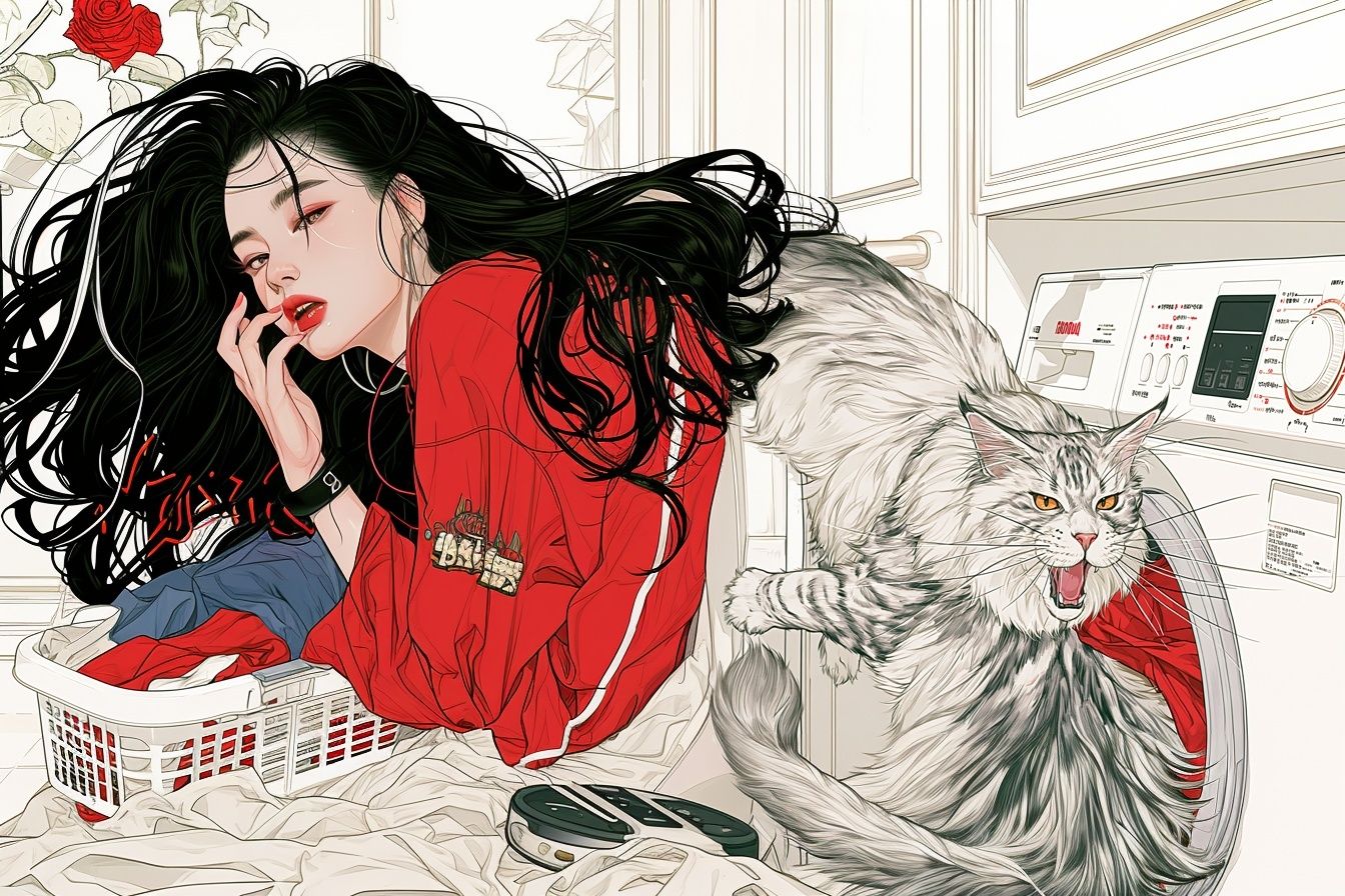 Cat and Woman Laundry Room Illustration Poster. poster — illustration art