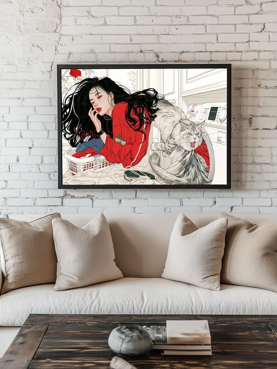 Cat and Woman Laundry Room Illustration Poster. — room view 1
