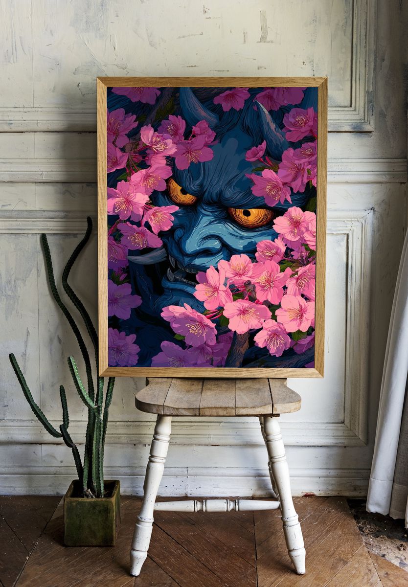 Oni Among Cherry Blossoms Illustration Poster. — room view 1