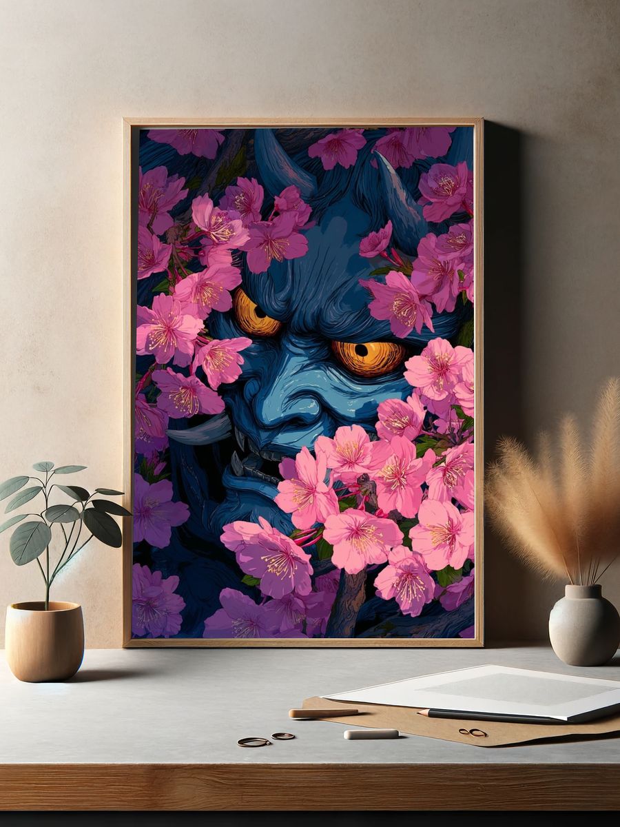 Oni Among Cherry Blossoms Illustration Poster. — room view 2