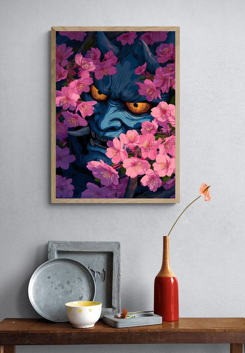 Oni Among Cherry Blossoms Illustration Poster. — room view 3