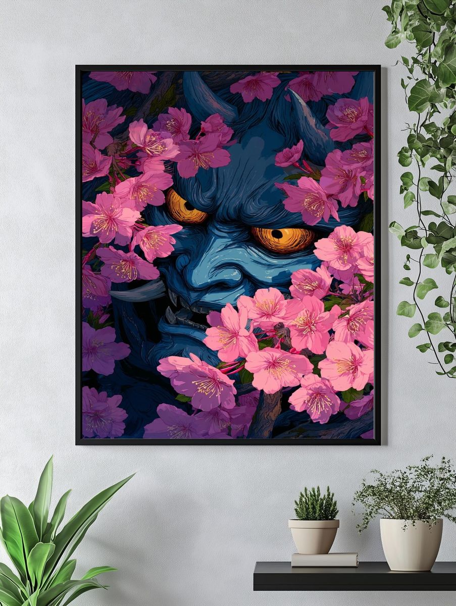 Oni Among Cherry Blossoms Illustration Poster. — room view 4