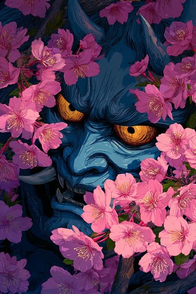 Oni Among Cherry Blossoms Illustration Poster. poster