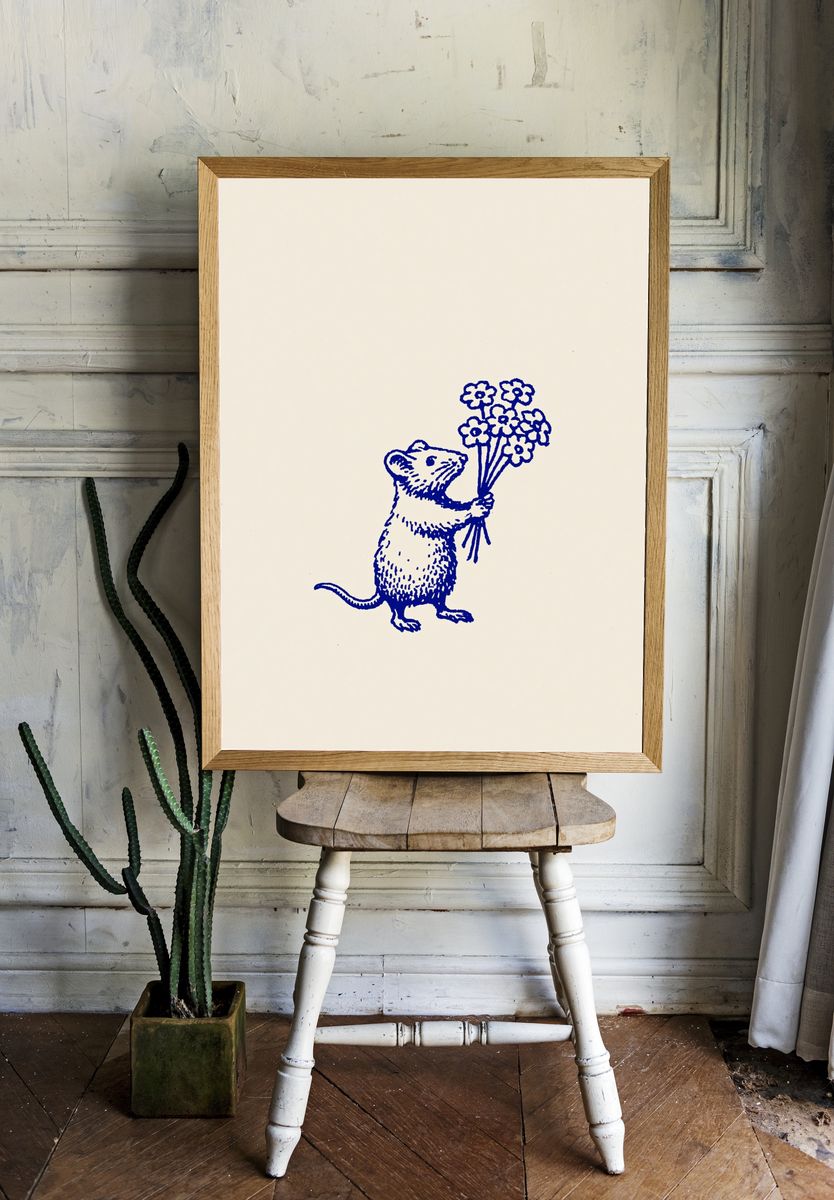 Mouse with Flowers Illustration Poster. room preview