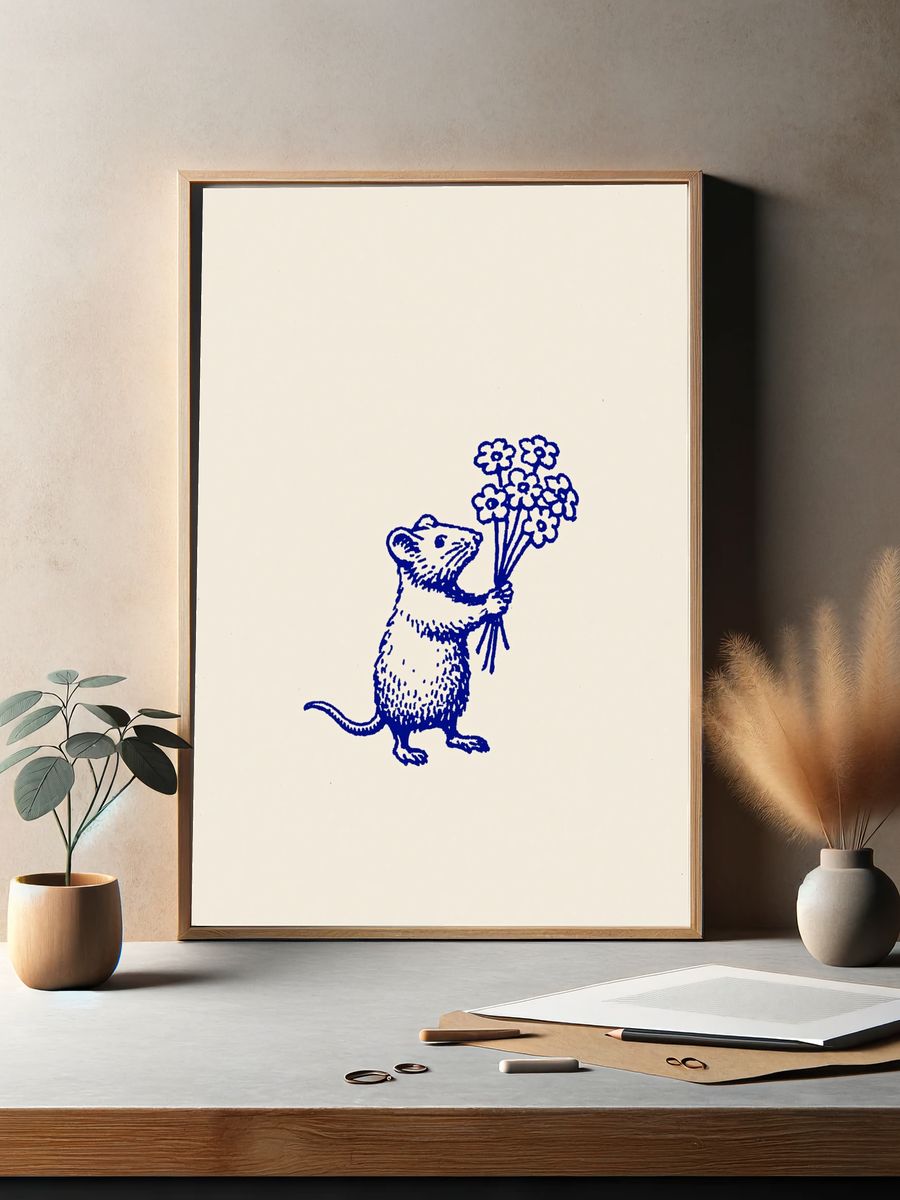 Mouse with Flowers Illustration Poster. — room view 2