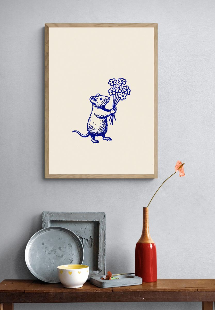Mouse with Flowers Illustration Poster. — room view 3