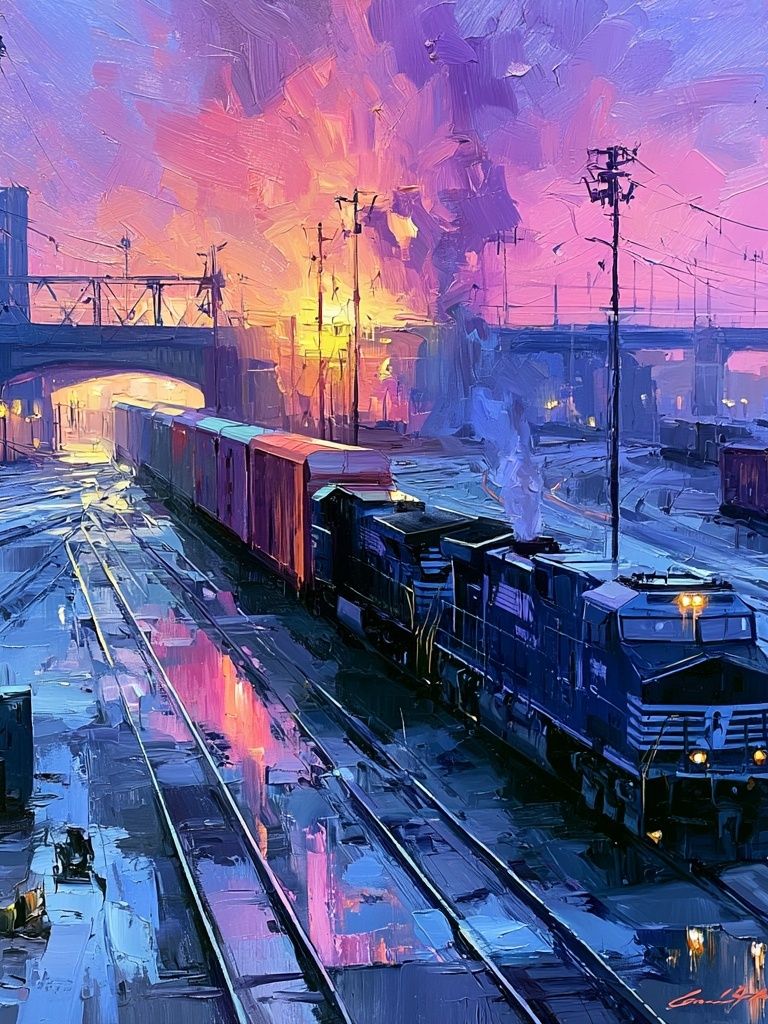 Sunset Freight Yard Illustration Poster. poster detail