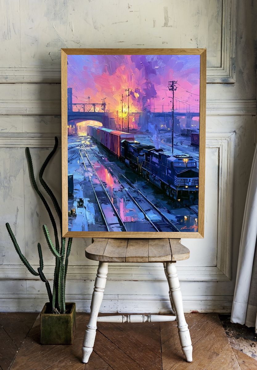 Sunset Freight Yard Illustration Poster. room preview