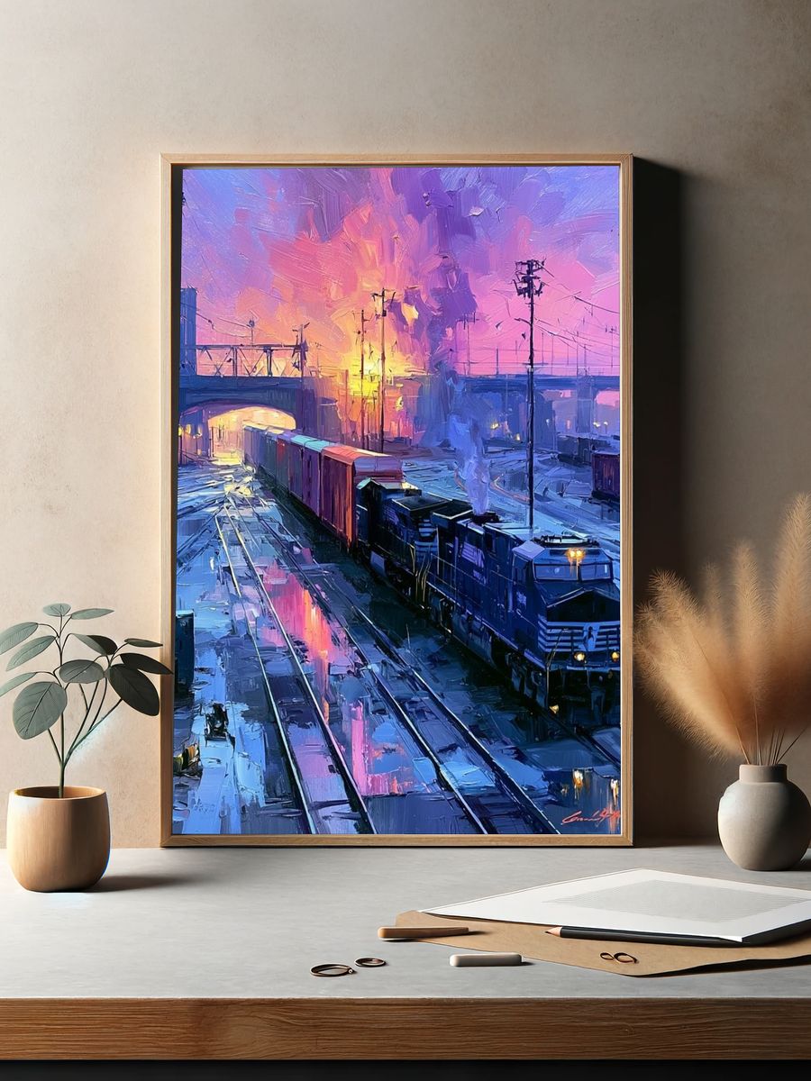 Sunset Freight Yard Illustration Poster. — room view 2