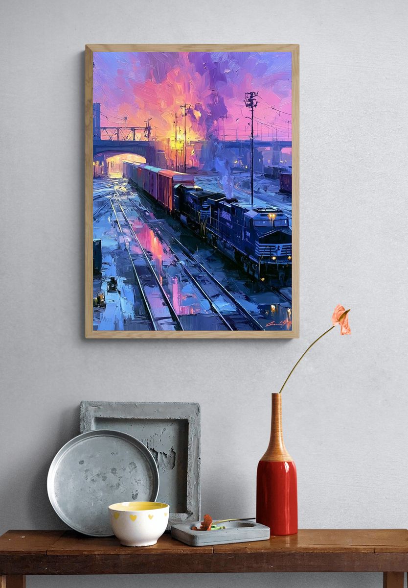 Sunset Freight Yard Illustration Poster. — room view 3