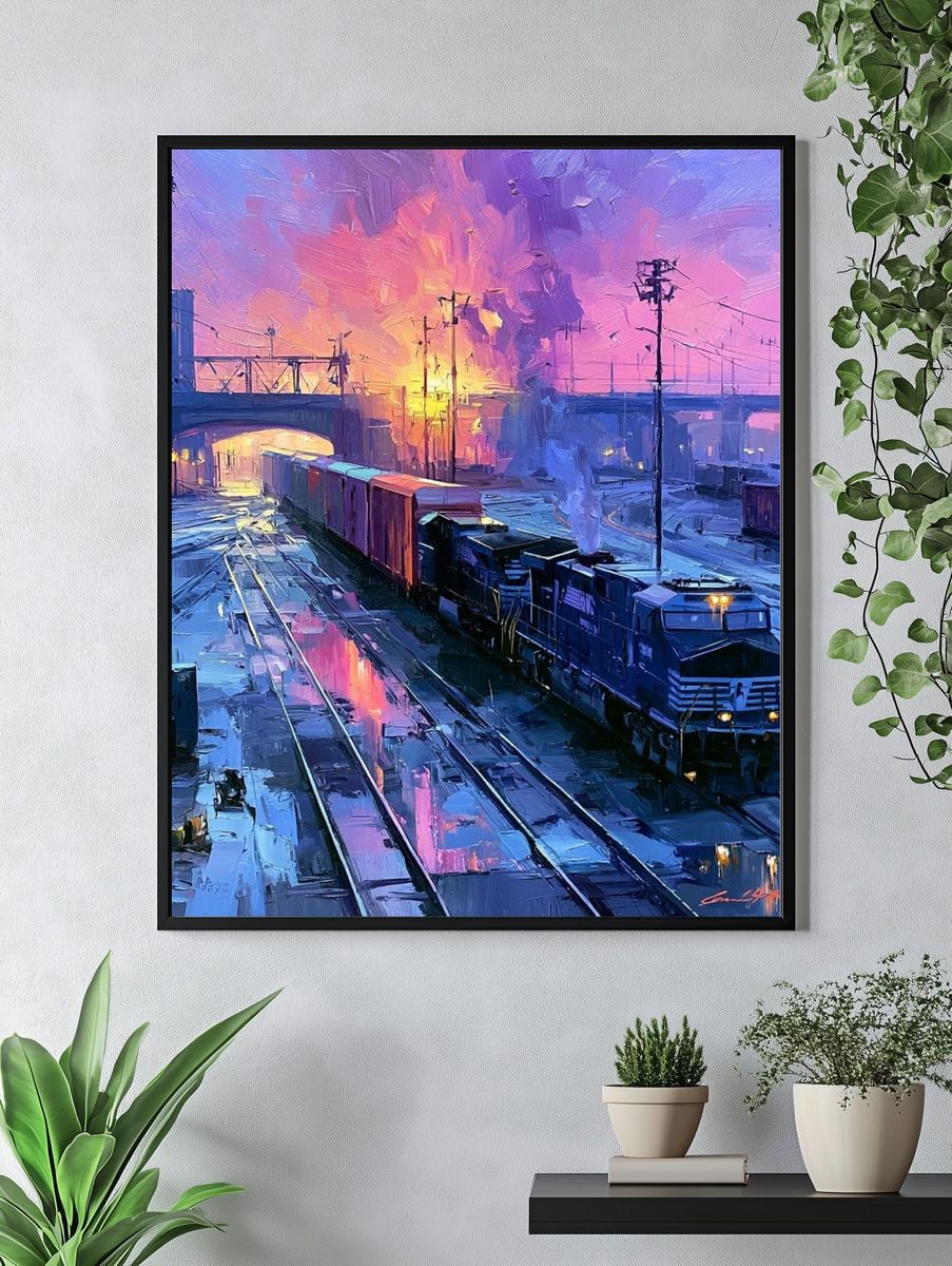 Sunset Freight Yard Illustration Poster. — room view 4