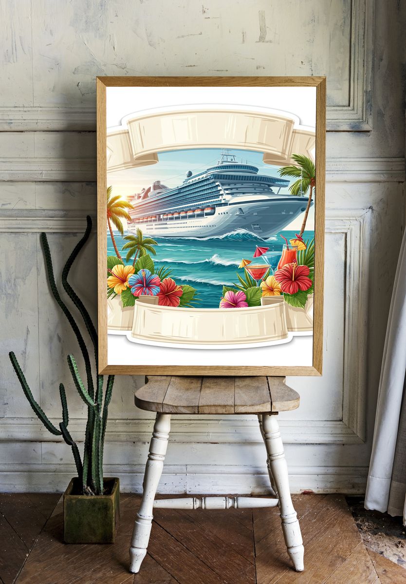 Cruise Ship Tropical Illustration Poster. — room view 1
