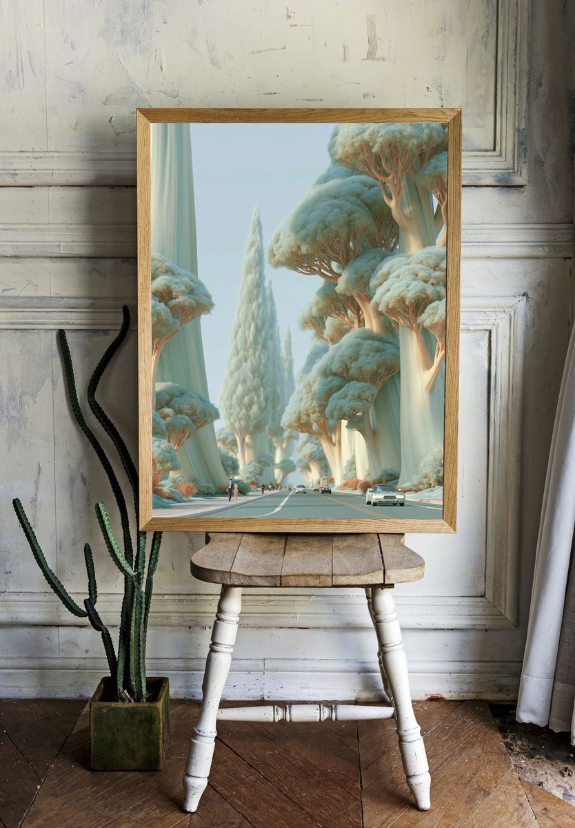 Dreamy Tree Avenue Illustration Print. room preview