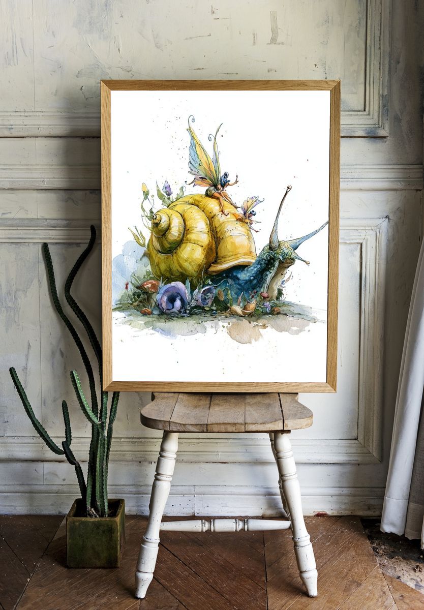 Fairy Snail Watercolor Print. room preview