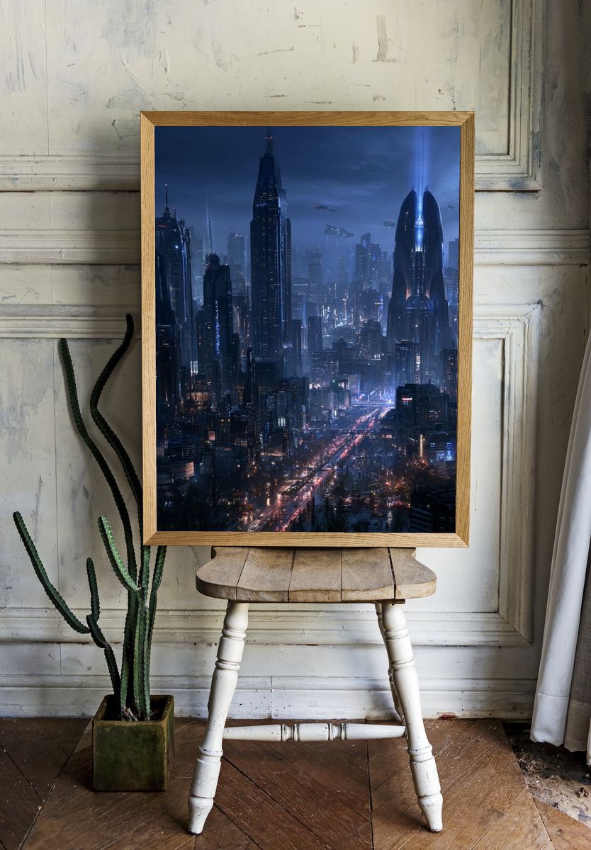 Futuristic Neon Cityscape Poster. — room view 1