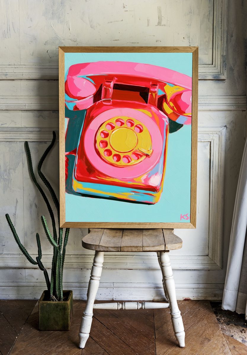 Retro Pink Telephone Pop Art Print. — room view 1