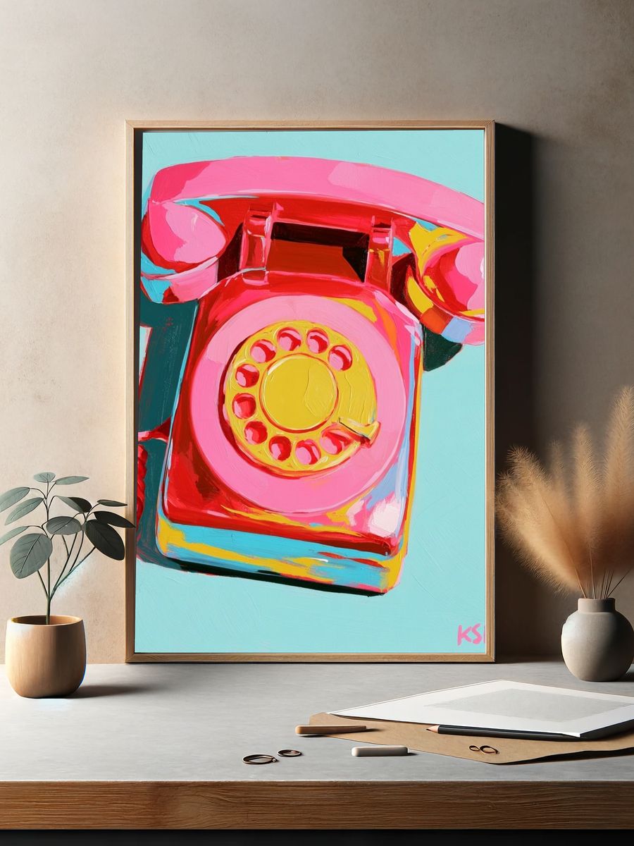 Retro Pink Telephone Pop Art Print. — room view 2
