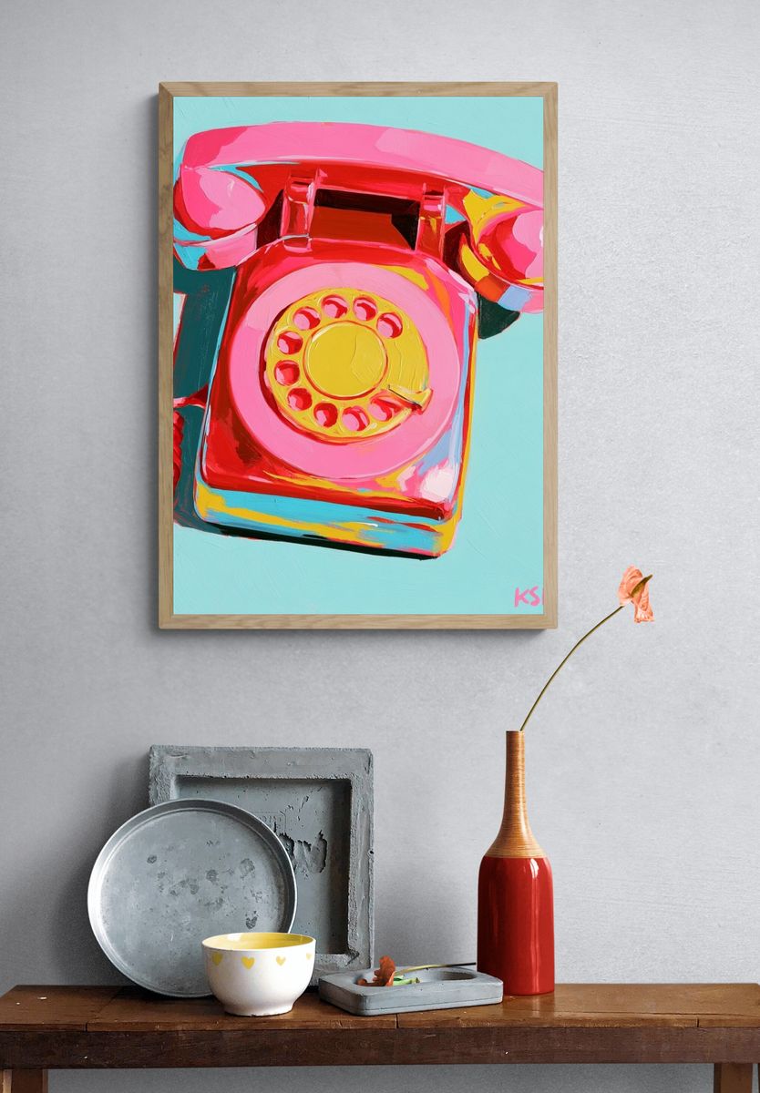 Retro Pink Telephone Pop Art Print. — room view 3