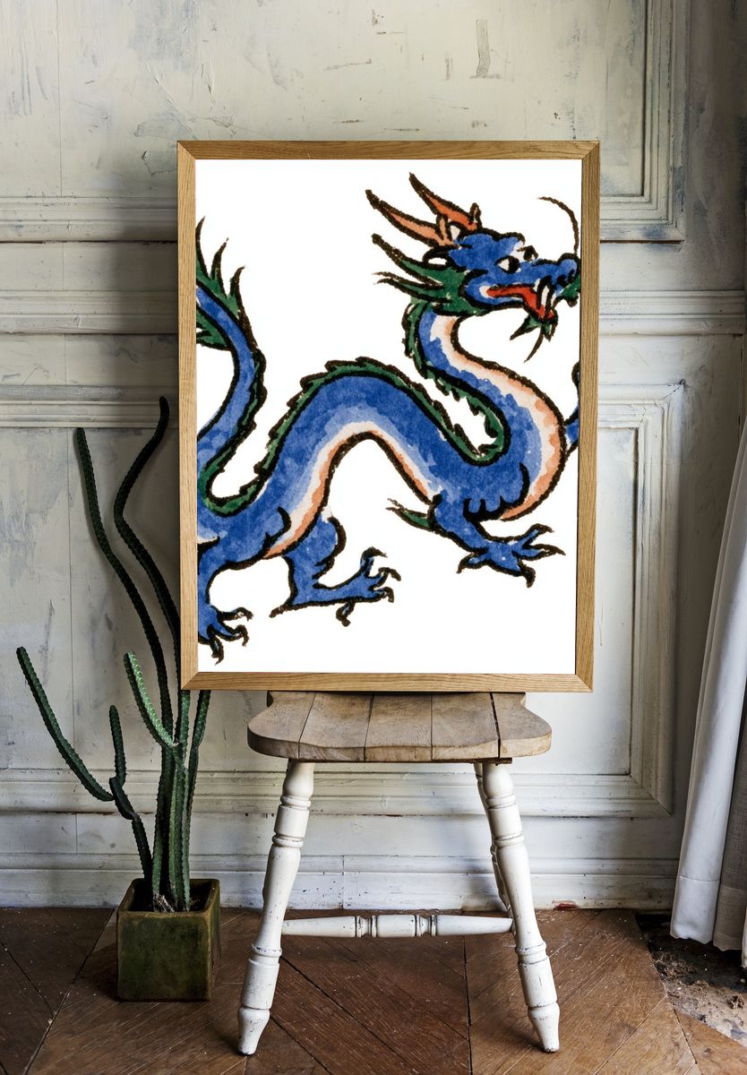 Blue Dragon Watercolor Poster. — room view 1