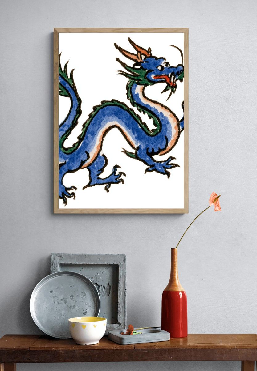 Blue Dragon Watercolor Poster. — room view 3