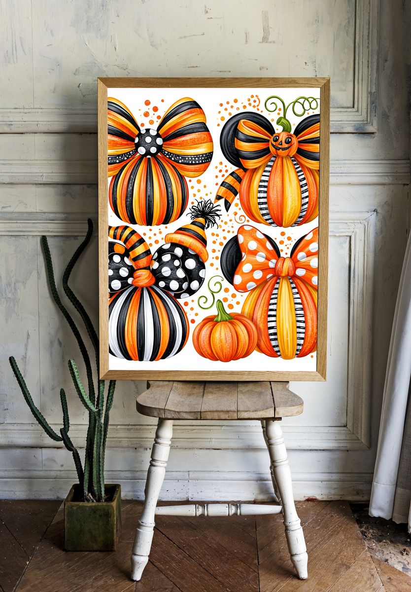 Halloween Pumpkin Bows Illustration Poster. — room view 1