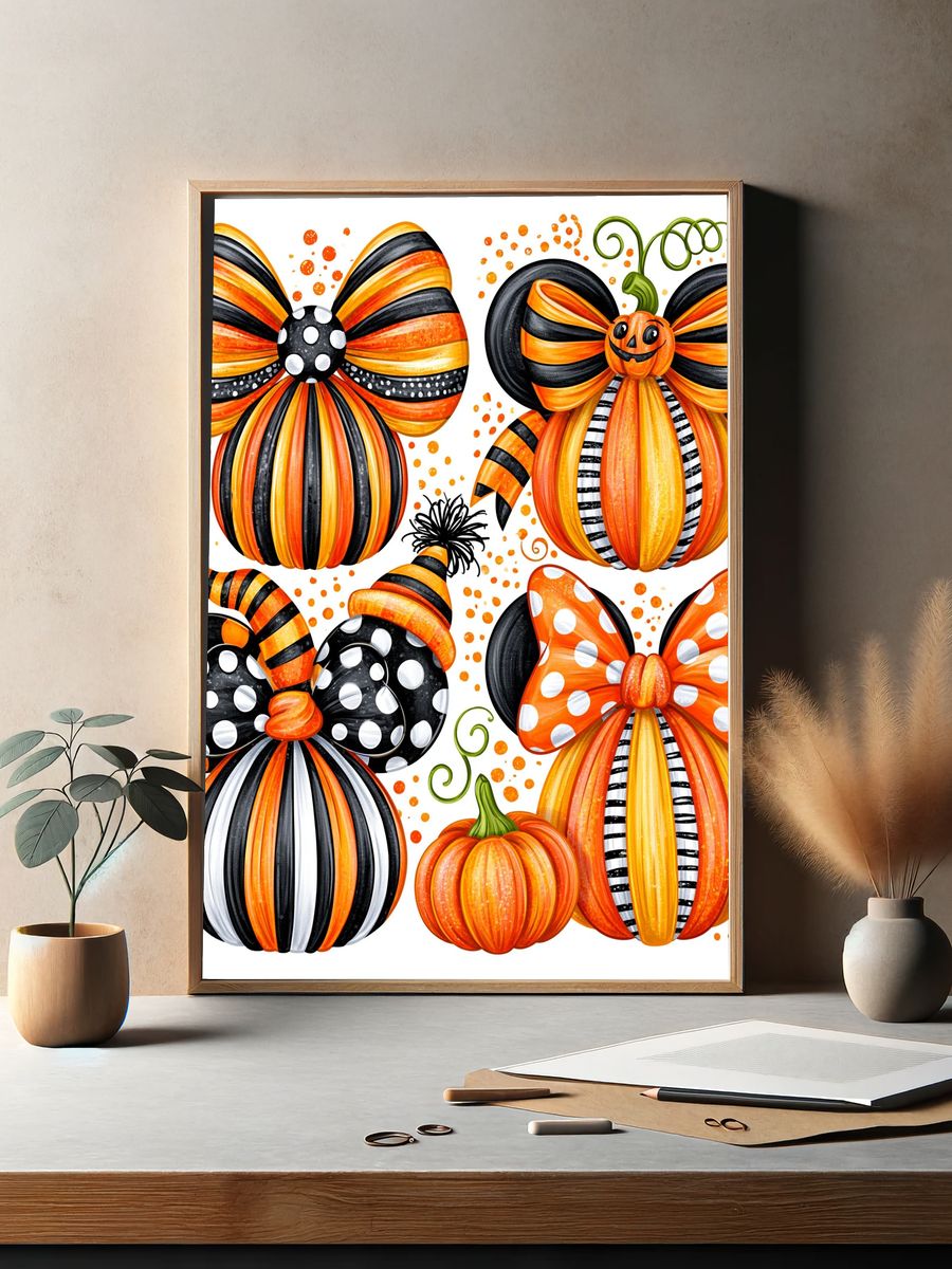 Halloween Pumpkin Bows Illustration Poster. — room view 2